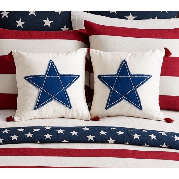 Threshold Applique Star W/ Red Corner Tassels Square Throw Pillows Ivory Blue - Picture 1 of 7